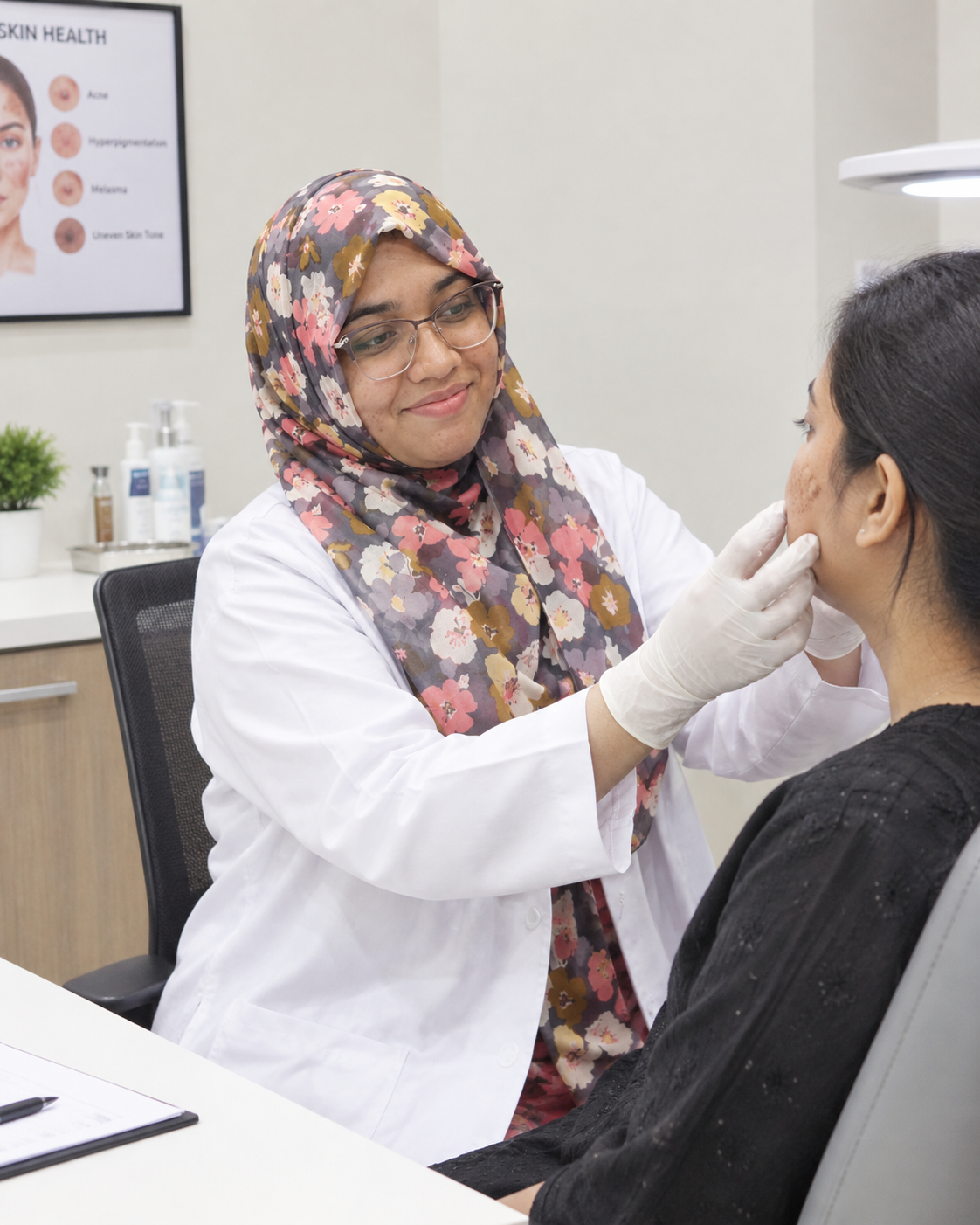 Dermatologist examining facial pigmentation on a patient's cheek