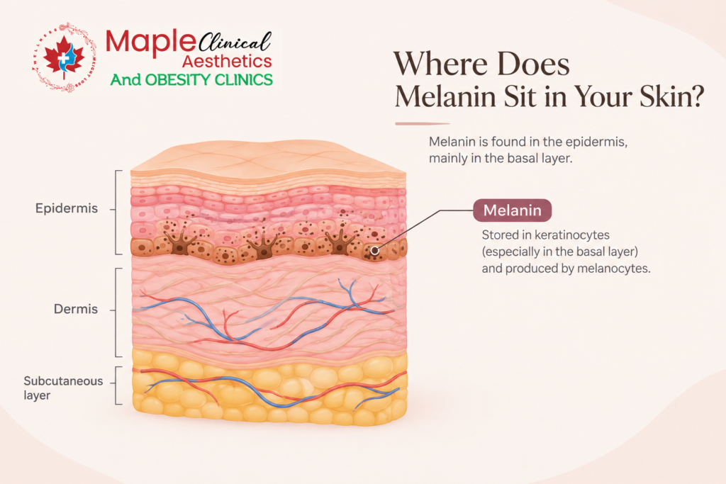Diagram of skin layers showing melanin behind facial pigmentation